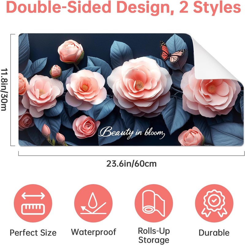 Aphlos Dual-Sided Synthetic Leather Decorative Makeup Mat for Crafting, Furniture Protection, Scratch & Stain Resistant Surface Desk Pad, Waterproof Easy to Clean Vanity Protector (Pink Camellia) - Image 4